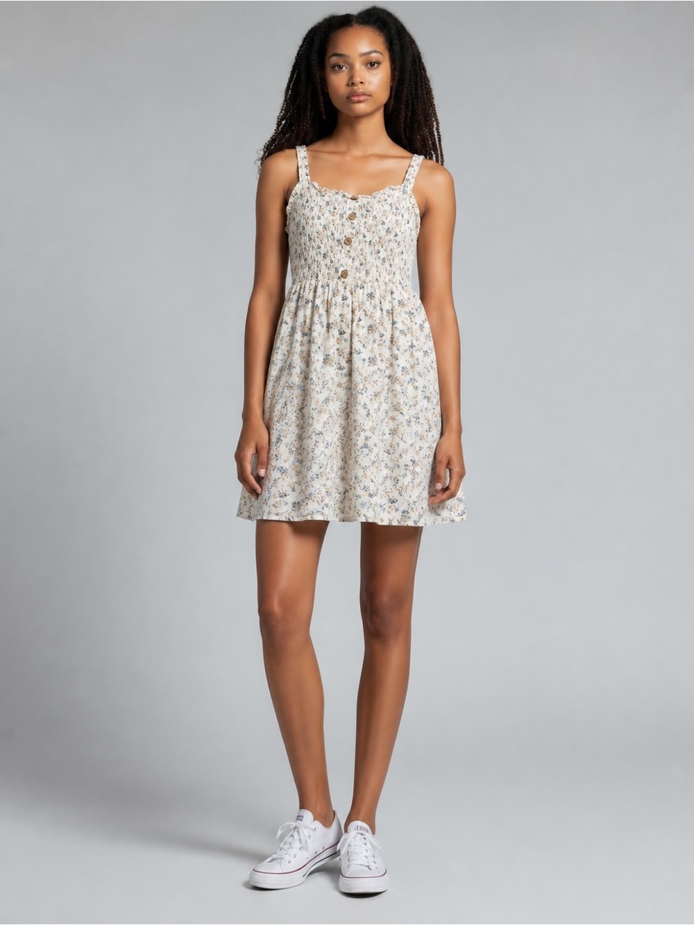Floral Smocked Cream Mini Dress with Button Front